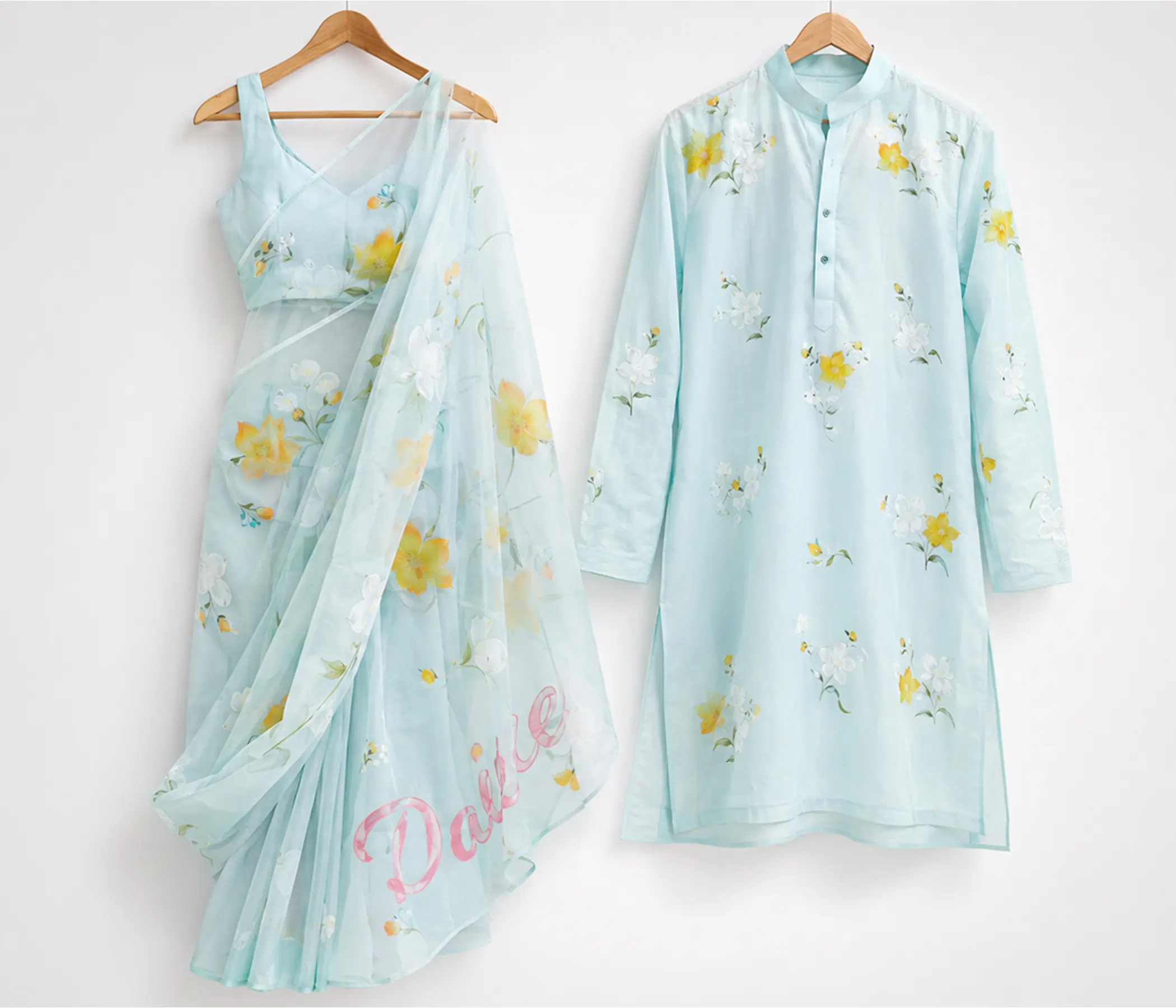 Hand Painted Matching Colour Combo Dress set for Couple | Personalized Organza Saree & Men's Kurta Set
